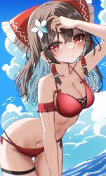  absurdres alternate_costume bikini blue_sky blush bow brown_hair closed_mouth cloud collarbone commentary_request day female flower frilled_bow frilled_hair_tubes frills hair_flower hair_ornament hair_tubes hairbow hakurei_reimu highres kiui_(dagk8254) long_hair looking_at_viewer midriff navel paid_reward_available red_bikini red_bow red_eyes sky solo swimsuit touhou water white_flower 