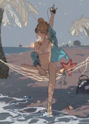  11_ll_ll beach bikini blonde_hair blue_eyes blue_footwear blue_jacket chinese_commentary closed_mouth commentary_request conch female frilled_bikini frills full_body girls&#039;_frontline girls&#039;_frontline_2:_exilium hair_bun hammock headphones hermit_crab highres jacket looking_at_viewer music_player ocean official_alternate_costume official_alternate_hairstyle on_hammock one_eye_closed open_clothes open_jacket palm_tree sand shoes sidelocks single_hair_bun sitting smile solo starfish suomi_(girls&#039;_frontline) suomi_(midsummer_pixie)_(girls&#039;_frontline) swimsuit tree water weibo_logo weibo_watermark white_bikini 