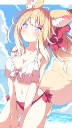  animal_ear_fluff animal_ears bare_arms bare_shoulders bikini blonde_hair blue_eyes blue_sky blush bow breasts cleavage closed_mouth cloud collarbone commentary_request daidai_ookami day eyebrows_hidden_by_hair fang_out female hairbow highres horizon large_breasts long_hair looking_at_viewer mismatched_bikini multicolored_hair navel ocean oerba_yun_fang original ponytail red_bikini red_bow sky solo streaked_hair swimsuit tail water white_bikini white_hair 