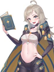  absurdres ahoge bay_skecth black_bridal_gauntlets black_leggings blonde_hair book bridal_gauntlets clothing_cutout commission commissioner_upload crop_top female fire_emblem fire_emblem_engage fire_emblem_fates grey_eyes highres holding holding_book leggings long_hair looking_at_viewer midriff navel non-web_source ophelia_(fire_emblem) sage_outfit_(fire_emblem_engage) solo stomach stomach_cutout 