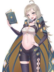  absurdres ahoge asymmetrical_clothes asymmetrical_pants bay_skecth black_bridal_gauntlets black_leggings blonde_hair book bridal_gauntlets clothing_cutout commission commissioner_upload crop_top female fire_emblem fire_emblem_engage fire_emblem_fates grey_eyes highres holding holding_book leg_cutout leggings long_hair looking_at_viewer midriff navel non-web_source o-ring o-ring_legwear ophelia_(fire_emblem) sage_outfit_(fire_emblem_engage) single_pantsleg solo stomach stomach_cutout 