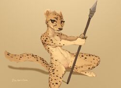  2024 4_fingers 4_toes anthro breasts cheetah discreet_user featureless_crotch feet felid feline female fingers front_view fur holding_melee_weapon holding_object holding_polearm holding_spear holding_weapon looking_at_viewer mammal markings melee_weapon navel nude polearm red_eyes simple_background solo spear spots spotted_body spotted_fur spread_legs spreading tail toes weapon yellow_body yellow_fur yellow_sclera 