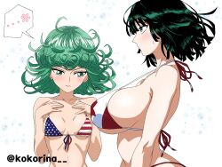  &gt;:( ... 2girls american_flag american_flag_bikini american_flag_print anger_vein bikini black_hair blue_eyes blunt_ends blush breast_envy breasts canadian_flag canadian_flag_bikini canadian_flag_print closed_mouth collarbone commentary_request commission covered_nipples curly_hair eyelashes flag_print front-tie_bikini_top front-tie_top frown fubuki_(one-punch_man) green_eyes green_hair halterneck hands_on_own_chest hands_up highres kokorina-s large_breasts looking_at_breasts medium_hair multiple_girls one-punch_man paid_reward_available pixiv_commission print_bikini raised_eyebrows siblings sideboob simple_background sisters small_breasts speech_bubble split_mouth spoken_anger_vein spoken_ellipsis sweatdrop swimsuit tatsumaki tsurime twitter_username upper_body v-shaped_eyebrows white_background 