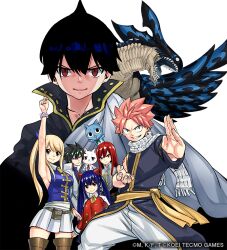  acnologia blonde_hair breasts brown_eyes clenched_teeth dragon dragon_wings erza_scarlet fairy_tail fairy_tail_logo fantasy grin large_breasts long_hair looking_at_viewer lucy_heartfilia mashima_hiro multiple_girls natsu_dragneel official_art pink_hair red_eyes scarf sideless_outfit smile spiked_hair tattoo teeth wendy_marvell white_background wings zeref 