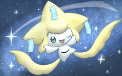  2024 ambiguous_gender floating generation_3_pokemon green_eyes jirachi kinowan legendary_pokemon looking_at_viewer nintendo no_sclera one_eye_closed open_mouth open_smile pokemon pokemon_(species) shooting_star smile smiling_at_viewer solo space white_body wink winking_at_viewer 