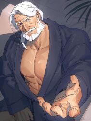  1boy bara beard blue_eyes blue_kimono facial_hair hand_up highres japanese_clothes jp_(street_fighter) kimono looking_at_viewer male_focus mature_male moustache old open_clothes open_robe pectoral_cleavage pectorals ponytail robe sa1k0p sitting solo street_fighter street_fighter_6 thick_beard thick_eyebrows white_facial_hair white_hair 