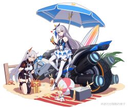  2girls :d :p ahoge bad_id ball bare_shoulders beach beach_mat beachball black_gloves black_jacket black_thighhighs blue_eyes bronya_zaychik bronya_zaychik_(herrscher_of_reason) closed_mouth dress elbow_gloves food full_body gloves grey_eyes grey_hair hair_ornament heart heterochromia highres holding holding_food homi_(honkai_impact) homu_(honkai_impact) honkai_(series) honkai_impact_3rd ice ice_cream ice_cream_cone ice_cube jacket kiana_kaslana kiana_kaslana_(void_drifter) kneeling long_hair looking_at_viewer motor_vehicle motorcycle multiple_girls open_mouth project_bunny sand simple_background single_thighhigh smile surfboard thighhighs tongue tongue_out very_long_hair white_background white_dress white_hair white_thighhighs xiang_he_he_qunzi yellow_eyes 