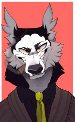  2019 anthro biped black_hair black_nose border bust_portrait canid canine canis cigar cigar_in_mouth clothed clothing eyebrows front_view fur grey_body grey_fur hair hi_res looking_at_viewer male mammal necktie object_in_mouth pilotpigeons portrait riff_raff_(underdog) simple_background smoke smoking smoking_cigar solo suit underdog_(series) white_border wolf yellow_eyes yellow_necktie 