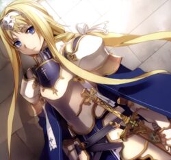  alice_zuberg armor armored_dress blonde_hair blue_cape blue_dress blue_eyes bow breastplate brick_wall bunbun cape dress female gauntlets hairband hairbow highres knight long_hair looking_at_viewer official_art osmanthus_blade ponytail scan sheath sheathed shoulder_armor solo sword sword_art_online sword_art_online:_alicization very_long_hair weapon white_armor white_bow white_hairband 