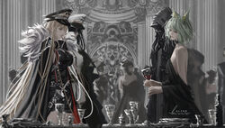  4girls absurdres animal_ear_fluff animal_ears arknights artist_name azur_lane bare_arms bare_back bare_legs bare_shoulders bismarck_(azur_lane) bismarck_zwei_(azur_lane) black_cape black_coat black_dress black_headwear black_hood black_jacket black_shirt blonde_hair breasts cape choker clothing_cutout coat cocktail_dress collarbone commentary company_connection crossover cup doctor_(arknights) dress drinking_glass english_commentary female_commander_(azur_lane) fengbuxiao fur-trimmed_cape fur_trim green_hair hat head_tilt highres holding holding_cup hood hooded_coat hooded_jacket impasto indoors jacket kal&#039;tsit_(arknights) large_breasts lofter_username long_hair looking_to_the_side md5_mismatch medium_breasts medium_hair military_hat military_jacket military_uniform multiple_girls naval_uniform off-shoulder_dress off_shoulder parted_bangs people pixiv_username plate ribbon-trimmed_hood scabbard sheath sheathed shirt short_dress side_cutout side_slit sideboob sidelocks signature standing strapless strapless_dress swept_bangs sword thighs twitter_username uniform very_long_hair weapon weibo_watermark white_dress white_headwear wine_glass yostar 