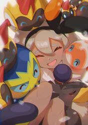  :d absurdres bea_(pokemon) black_hairband blonde_hair blurry blush bow_hairband clobbopus closed_eyes collared_shirt commentary dark-skinned_female dark_skin eyelashes falinks female galarian_farfetch&#039;d grapploct hairband happy highres knees legs_together open_mouth pokemon pokemon_(creature) pokemon_swsh school_uniform shirt smile taisa_(lovemokunae) tongue white_shirt 