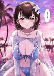  absurdres bare_shoulders bikini blurry blurry_background blush breasts brown_eyes brown_hair cleavage depth_of_field enma_daio female flower frilled_bikini frills hair_between_eyes hair_flower hair_ornament highres large_breasts light_blush looking_at_viewer medium_hair mole mole_under_eye navel open_mouth original outdoors parted_lips solo speech_bubble stomach swimsuit tree wet wide_hips 