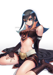  bare_shoulders black_hair black_sclera black_shirt black_skirt blue_eyes boots breasts brown_footwear carly_nagisa colored_sclera commentary_request crop_top dark_signer_uniform detached_sleeves facial_mark female full_body izapara long_hair looking_at_viewer medium_breasts navel shirt skirt sleeveless sleeveless_shirt solo yu-gi-oh! yu-gi-oh!_5d&#039;s 