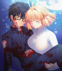  1boy antenna_hair arcueid_brunestud aro_1801 black_hair blonde_hair blood blood_on_clothes blood_on_face blue_jacket blue_pants breasts carrying closed_eyes commentary_request female gakuran highres jacket jewelry large_breasts long_sleeves moon necklace pants princess_carry school_uniform short_hair single_hair_intake sleeping sweater tohno_shiki torn_clothes tsukihime turtleneck turtleneck_sweater 