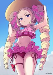  :&lt; artist_name beatrice_(re:zero) bikini bikini_skirt blue_eyes blue_sky butterfly-shaped_pupils closed_mouth cloud commentary_request cowboy_shot female from_below hair_ribbon hands_on_headwear hat looking_at_viewer outdoors pink_bikini pink_pupils pink_ribbon pink_skirt re:zero_kara_hajimeru_isekai_seikatsu ribbon s_(hdru2332) skirt sky solo sun_hat swimsuit symbol-shaped_pupils watermark 