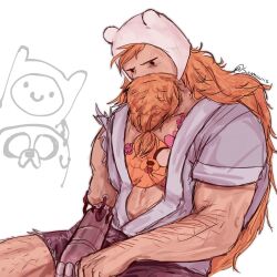  2boys adventure_time aged_up animal_ears bara beard beard_over_mouth doodle_inset facial_hair fake_animal_ears feet_out_of_frame finn_the_human hairy highres hood jake_the_dog large_pectorals looking_down male_focus mature_male multiple_boys muscular muscular_male open_clothes open_shirt pectoral_cleavage pectorals sad shorts sitting solid_circle_eyes sparse_leg_hair suumiwiis thick_arm_hair tied_beard white_background 