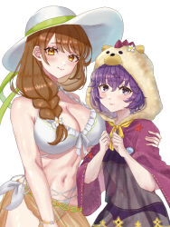  2girls animal_hood bare_shoulders bear_hood bernadetta_von_varley bikini blush braid breasts brown_hair cleavage fire_emblem fire_emblem:_three_houses fire_emblem_engage fire_emblem_heroes goldmary_(fire_emblem) hat highres hood large_breasts long_hair looking_at_viewer multiple_girls navel official_alternate_costume purple_eyes purple_hair simple_background stomach swimsuit white_background white_bikini white_hat yellow_eyes zqzbq 