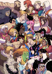  6+boys 6+girls a.k.i._(street_fighter) akuma_(street_fighter) bald beard black_hair blanka cammy_white chun-li colored_skin dark-skinned_female dark-skinned_male dark_skin double_bun dreadlocks earrings ed_(street_fighter) edmond_honda elena_(street_fighter) everyone evil_smile facial_hair fatal_fury frown green_skin grey_hair guile hair_bun hidra_pink highres jamie_siu jewelry jp_(street_fighter) juri_han ken_masters kimberly_jackson lily_hawk looking_at_another looking_at_viewer luke_sullivan m._bison manon_legrand marisa_(street_fighter) marvel_vs._capcom multiple_boys multiple_girls muscular muscular_female muscular_male parody rashid_(street_fighter) red_eyes ryu_(street_fighter) shiranui_mai smile street_fighter street_fighter_6 terry_bogard v white_hair zangief 