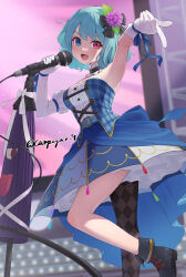  alternate_costume aqua_eyes argyle_clothes argyle_thighhighs arm_up armpits asymmetrical_sleeves black_footwear blush breasts center_frills collar colored_skin commission cross-laced_clothes flower frilled_collar frills gloves hair_flower hair_ornament heterochromia highres holding holding_microphone kanpa_(campagne_9) looking_at_viewer medium_breasts microphone microphone_stand multicolored_skin music pixiv_commission short_hair singing single_thighhigh smile standing standing_on_one_leg sweat tatara_kogasa thighhighs touhou twitter_username two-tone_skin white_gloves 