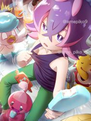  amedamaneko blush dot_(pokemon) female food hair_over_eyes highres hot ice_cream multicolored_hair open_mouth pants pink_hair pokemon pokemon_(anime) pokemon_horizons purple_eyes purple_hair quaxly rotom rotom_phone shirt short_hair sweat tank_top tinkatink 