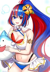  :d absurdres alear_(female)_(fire_emblem) alear_(female)_(seaside_dragon)_(fire_emblem) alear_(fire_emblem) armlet bare_shoulders bikini blue_bikini blue_eyes blue_hair breast_press breasts cleavage cowboy_shot female fire_emblem fire_emblem_engage fire_emblem_heroes highres large_breasts long_hair looking_at_viewer multicolored_hair navel official_alternate_costume official_alternate_hairstyle open_mouth otokajife ponytail red_bikini red_eyes red_hair smile sommie_(fire_emblem) standing stomach streaked_hair swimsuit very_long_hair white_background white_bikini 