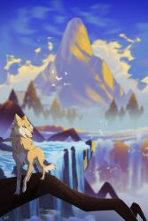  avian bird bluesky canid canine canis cloud female feral full-length_portrait hi_res illustration light mammal marmenuar mountain plant portrait rock she-wolf siona solo summertime sunlight tree water waterfall wolf 