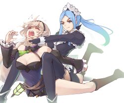  &gt;:( 2girls ahoge bare_shoulders belt black_dress black_gloves black_hairband blue_hair boots brown_belt brown_footwear corrin_(female)_(fire_emblem) corrin_(female)_(halloween)_(fire_emblem) corrin_(fire_emblem) detached_collar dress fire_emblem fire_emblem_fates fire_emblem_heroes flora_(fire_emblem) gloves grey_eyes grey_hair hairband halterneck hand_up highres jaegan juliet_sleeves kneepits long_hair long_sleeves multiple_girls off-shoulder_dress off_shoulder official_alternate_costume open_mouth poi puffy_sleeves ryona simple_background tears thighs v-shaped_eyebrows white_background wrestling 