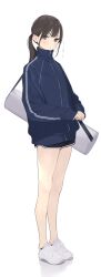  ama_mitsuki black_eyes black_hair black_shorts blue_jacket commentary_request female full_body highres jacket long_sleeves original ponytail shoes short_shorts shorts simple_background sneakers solo standing track_jacket translation_request white_background white_footwear zipper 