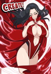  absurdres alternate_hairstyle black_hair blush boku_no_hero_academia breasts cape center_opening cleavage closed_eyes closed_mouth collared_cape commentary cowboy_shot english_commentary english_text female floating_cape floating_hair hair_down hands_on_own_chest highres large_breasts leotard long_hair navel nico-neko red_cape red_leotard red_lightning smile solo thighhighs yaoyorozu_momo 