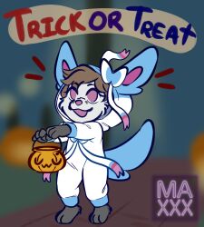  anthro canid canine clothed clothing costume digital_media_(artwork) eeveelution food fox fruit fur generation_6_pokemon hair halloween hi_res holidays kigurumi male mammal matthew_nowell maxwtv nintendo onesie open_mouth plant pokemon pokemon_(species) pumpkin shiny_pokemon smile solo sylveon tail text trick_or_treat uwu white_body 