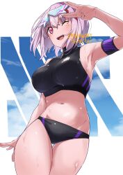  bikini breasts cloud female gridman_universe gridman_universe_(film) highres large_breasts looking_at_viewer midriff one_eye_closed red_eyes shinjou_akane short_hair showhey!! solo sunglasses swimsuit wet 