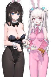  absurdres animal_ears bare_shoulders black_leotard black_pantyhose blue_eyes blush bodysuit bow bowtie breasts brown_hair bunny_girl_(dduck_kong) cleavage covered_navel cowboy_shot crotch_zipper dduck_kong detached_collar fake_animal_ears fake_tail gloves grey_hair heart heart-shaped_pupils highleg highleg_leotard highres id_card large_breasts latex latex_bodysuit leotard long_hair long_sleeves multiple_girls necktie open_mouth original pantyhose pink_bodysuit pink_eyes pink_gloves pink_necktie playboy_bunny presenting rabbit_ears rabbit_tail strapless strapless_leotard super_bunny_(dduck_kong) symbol-shaped_pupils tail text_print traditional_bowtie very_long_hair wrist_cuffs zipper 