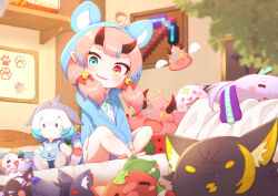  animal_ears aqua_eyes breasts buisen common_dolphin_(kemono_friends) detached_sleeves dress female gloves halter_dress halterneck highres horns indie_virtual_youtuber kemono_friends kindergarten_uniform kitsunetsuki_itsuki long_hair long_sleeves looking_at_viewer minecraft onigashima_peach open_mouth pink_hair ribbon-trimmed_dress shirt short_hair skirt smile solo stuffed_toy very_long_hair virtual_youtuber 