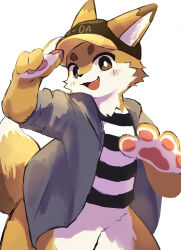  2024 absurd_res blush blush_lines bottomless brown_body brown_eyebrows brown_fur canid canine circle_eyebrows clothed clothing codagi countershade_fur countershading cute_fangs dipstick_tail english_text eyebrows fox fumochi_n fur grey_clothing grey_topwear hat headgear headwear hi_res holding_clothing holding_hat holding_headgear holding_headwear holding_object kemono looking_at_viewer male mammal markings open_mouth open_smile pattern_clothing pattern_shirt pattern_topwear portrait pose production_taiikukan reaching_towards_viewer shirt simple_background smile solo striped_clothing striped_shirt striped_topwear stripes tail tail_markings text three-quarter_portrait topwear white_background white_body white_countershading white_fur 