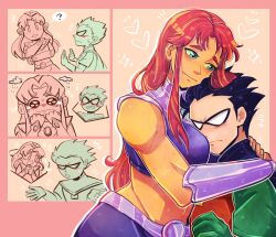  belt black_hair blush breasts cape colored_skin couple dc_comics dick_grayson domino_mask female gloves green_eyes highres hug long_hair mask muscular orange_skin pichichustudio red_hair robin_(dc) short_hair skirt smile starfire straight superhero_costume teen_titans 