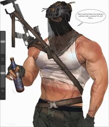  1boy abs art_program_in_frame bara bottle call_of_duty call_of_duty:_modern_warfare_2 clothes_lift clothes_pull cowboy_shot gruhhhu gun highres holding holding_bottle konig_(call_of_duty) large_pectorals looking_ahead male_focus male_underwear male_underwear_peek mask meme midriff mouth_mask muscular muscular_male navel pants pants_pull pectorals photo_inset shirt_lift sidepec simple_background skin_tight solo standing tank_top_sunburn_(meme) tanline_peek underwear weapon white_background white_veil 