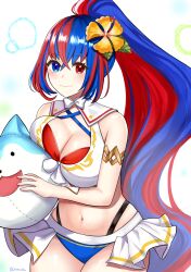  absurdres alear_(female)_(fire_emblem) alear_(female)_(seaside_dragon)_(fire_emblem) alear_(fire_emblem) armlet bare_shoulders bikini blue_bikini blue_eyes blue_hair breast_press breasts cleavage cowboy_shot female fire_emblem fire_emblem_engage fire_emblem_heroes highres large_breasts long_hair looking_at_viewer multicolored_hair navel official_alternate_costume official_alternate_hairstyle otokajife ponytail red_bikini red_eyes red_hair smile sommie_(fire_emblem) standing stomach streaked_hair swimsuit very_long_hair white_background white_bikini 