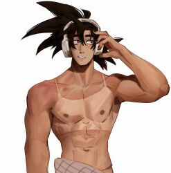  1boy abs absurdres bara black_nails cowboy_shot dragon_ball frisk_(coffezit0s) headphones highres looking_to_the_side male_focus meme muscular muscular_male navel nipples pectorals simple_background solo son_goku standing stomach sunburn tank_top_sunburn_(meme) topless_male v-taper white_background 