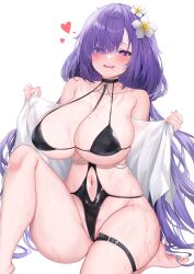  absurdres azur_lane bare_shoulders belt black_one-piece_swimsuit blanket blush breast_strap breasts clothing_cutout deogho_(liujinzy9854) drooling female flower hair_flower hair_ornament hair_over_one_eye heart heart-shaped_pupils highres holding holding_blanket huge_breasts large_breasts long_hair looking_at_viewer mogador_(azur_lane) mogador_(locker_room_lechery)_(azur_lane) mole mole_on_breast mouth_drool navel navel_cutout official_alternate_costume one-piece_swimsuit open_mouth purple_eyes purple_hair swimsuit symbol-shaped_pupils thigh_belt thigh_strap very_long_hair white_flower 