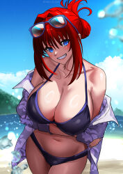  absurdres alternate_hair_length alternate_hairstyle aozaki_aoko backlighting beach bikini black_bikini blue-framed_eyewear blue_eyes blush breast_hold breasts cleavage commentary curvy day eyewear_on_head female folded_ponytail fukou grin highres huge_breasts melty_blood navel ocean open_clothes open_shirt red_hair short_hair smile solo spaghetti_strap sunglasses swimsuit tsukihime updo 