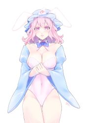  adapted_costume animal_ears blue_bow blue_bowtie blue_hat blush bow bowtie breasts cleavage commentary_request covered_navel cowboy_shot detached_collar detached_sleeves ellen_drawing embarrassed female frown hair_between_eyes hat highleg highleg_leotard highres large_breasts leotard looking_at_viewer medium_hair mob_cap own_hands_together pink_eyes pink_hair playboy_bunny rabbit_ears saigyouji_yuyuko simple_background solo straight-on strapless strapless_leotard thigh_gap thighs touhou triangular_headpiece white_background white_leotard wide_sleeves 