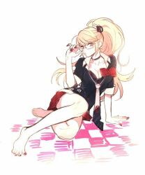  arm_support barefoot bear_hair_ornament black_bra black_choker black_shirt blonde_hair blue_eyes bow bra breasts choker cleavage collarbone danganronpa:_trigger_happy_havoc danganronpa_(series) enoshima_junko female glasses hair_ornament large_breasts long_hair looking_at_viewer miniskirt nail_polish necktie official_alternate_hairstyle red_bow red_nails red_skirt shirt shirt_bow skirt sleeves_rolled_up solo two-tone_necktie underwear white_necktie 