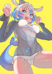  absurdres blue_eyes blue_hair blush cetacean_tail common_bottlenose_dolphin_(kemono_friends) dolphin_girl female fins fish_tail grey_hair grey_jacket head_fins highres jacket kemono_friends looking_at_viewer multicolored_hair osnmykk short_hair simple_background solo swimsuit tail two-tone_hair yellow_background 