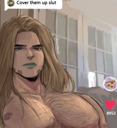  1boy alternate_body_hair bara character_request cover_them_up_slut_(meme) dialogue_box english_text green_lips indoors jojo_no_kimyou_na_bouken large_pectorals long_hair looking_at_viewer male_focus meme muscular muscular_male nipples nude pectoral_focus pectorals solo sparse_chest_hair suumiwiis thick_eyebrows upper_body 