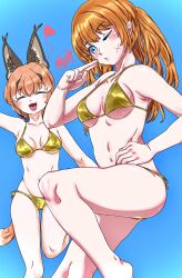  2girls absurdres animal_ears bikini blue_background blue_eyes blush breasts brown_hair caracal_(kemono_friends) cat_ears cat_girl cat_tail extra_ears gold_bikini heart highres indie_virtual_youtuber irodori_mayoi kemono_friends kemono_friends_v_project large_breasts long_hair looking_at_viewer multiple_girls navel one_eye_closed orange_hair santaluciairust simple_background swimsuit tail virtual_youtuber 