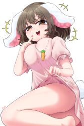  +++ :3 alternate_breast_size animal_ears ass blush breasts brown_eyes brown_hair carrot_necklace clothes_lift commentary_request dress dress_lift female fingernails floppy_ears foot_out_of_frame frilled_sleeves frills highres inaba_tewi index_finger_raised jewelry large_breasts looking_at_viewer medium_bangs necklace open_mouth pink_dress pink_nails puffy_short_sleeves puffy_sleeves rabbit_ears rabbit_girl rabbit_tail ribbon-trimmed_dress rion_(user_ufvg8527) short_hair short_sleeves simple_background smile solo tail touhou white_background 