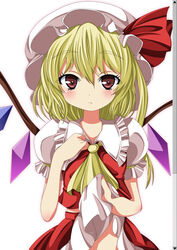  blonde_hair blush brown_eyes clothes_lift commentary_request fake_scrollbar female flandre_scarlet hand_on_own_chest hat hat_ribbon highres looking_at_viewer ma-yu no_panties oerba_yun_fang photoshop_(medium) puffy_sleeves ribbon shirt short_sleeves side_ponytail skirt skirt_lift skirt_set solo touhou vest wings 