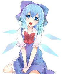  blue_bow blue_dress blue_eyes blue_hair bow bowtie cirno collarbone commentary_request dress female hairbow heart heart-shaped_pupils highres ice ice_wings looking_at_viewer looking_up negiko open_mouth puffy_short_sleeves puffy_sleeves short_sleeves simple_background sitting solo symbol-shaped_pupils touhou v_arms wariza white_background wings 