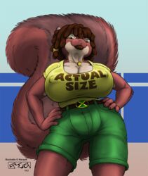  2018 anthro big_breasts bottomwear breasts brown_body brown_eyes brown_fur claws cleavage clothed clothing dreadlocks female fluffy fluffy_tail fur hair hands_on_hips hi_res high_waisted_bottomwear high_waisted_shorts huge_breasts jewelry kencougr looking_at_viewer low-angle_view mammal necklace nipple_outline portrait rochelle_(rochelle) rodent sciurid short_hair shorts simple_background smile solo tail text three-quarter_portrait tree_squirrel 