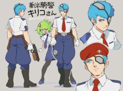  1boy bad_id bad_twitter_id behind_another beret blue_eyes blue_hair blue_necktie chirico_cuvie cocconeis crossover eyepatch female gloves green_hair grey_background hat name_connection necktie otonashi_kiruko pantyhose parody police police_uniform red_necktie reference_sheet shinmai_fukei_kiruko-san short_sleeves simple_background smile soukou_kihei_votoms title_parody twitter_username uniform white_gloves yellow_eyes 